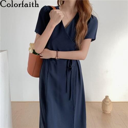 Colorfaith New 2021 Women Summer Dresses Lace Up Elegant Buttons Fashionable Korean Style V-Neck Vintage Lady Long Dress DR20127