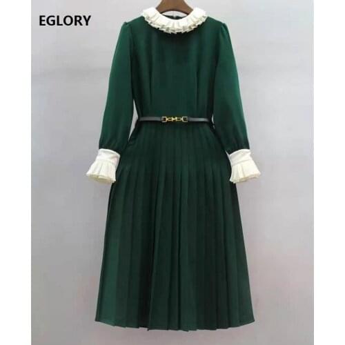 High Quality New Celebrity Inspired Womens Dress 2021 Spring Women Color Block Patchwork Long Sleeve Dark Green Black Dress OL