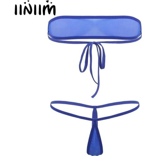 2Pcs Womens Erotic Micro Mini Swimwears Sheer Mesh Lingerie Set Strapless Tie-on Tube Bra Top with Thong G-String Briefs