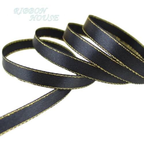 25 yards/lot)3/8'' (10mm) satin ribbons black golden edge ribbon wholesale high quality gift packaging ribbons