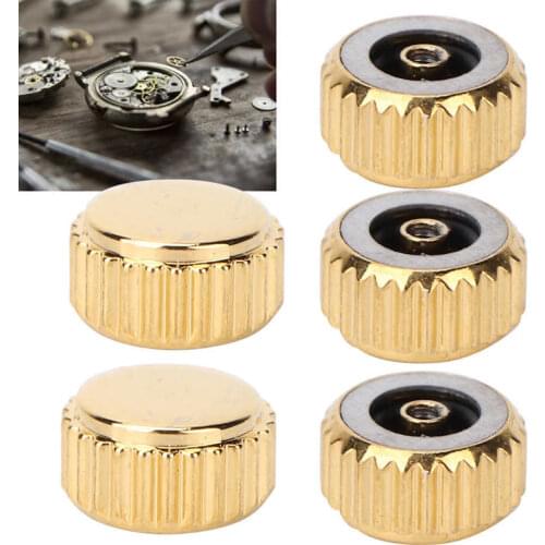 5pcs Steel Watch Crown Watch Head Repairing Parts Replacement Accessories Set Flat Large Hole for Watchmaker Gold