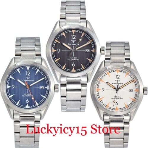Tandorio Brand NH35A Business Automatic Men Watch Brushed Case Date Window Glass Back Flat Sappphire Crystal Screwdown Crown