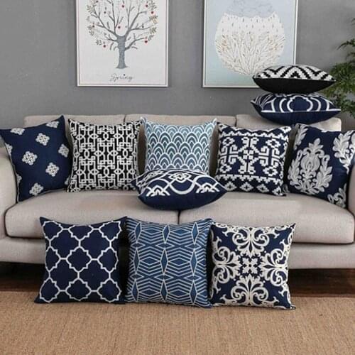 Home Decor Embroidered Cushion Cover Navy Blue Flower Geometric Canvas Cotton Square Embroidery Pillow Cover 45x45cm Pillow Sham
