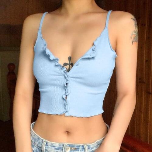 Summer Color Green Lady up Slim Crop Tops Women New Button Detail Open Stitch All-match Micro Vest Camisole Top for party club