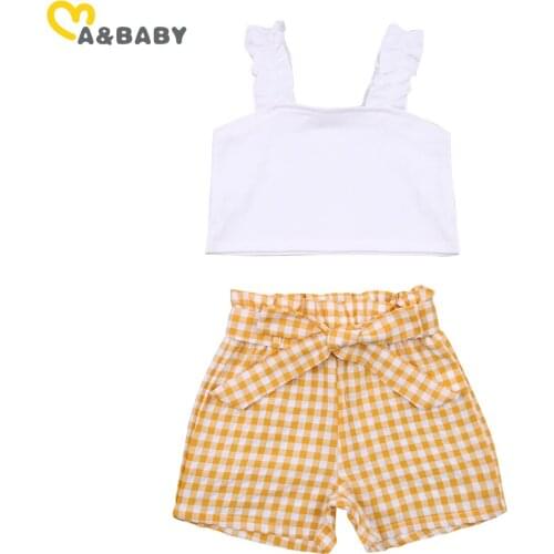 Ma&Baby 2-7Y Summer Toddler Child Kid Girl Clothes Set Sleeveless Ruffle Vest Tops Bow Yellow Plaid Shorts Outfit Travel Holiday
