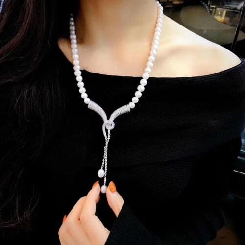 Horns twisted Y shape zircon pendant pearl necklace for princess style choker noble jewelry natural pearl necklace