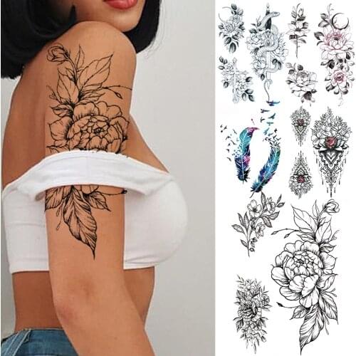 Half Sleeve Black Peony Rose Flower Temporary Tattoos For Women Female Adult Realistic Leaf Fake Snake Tattoo Sticker Arm Tatto