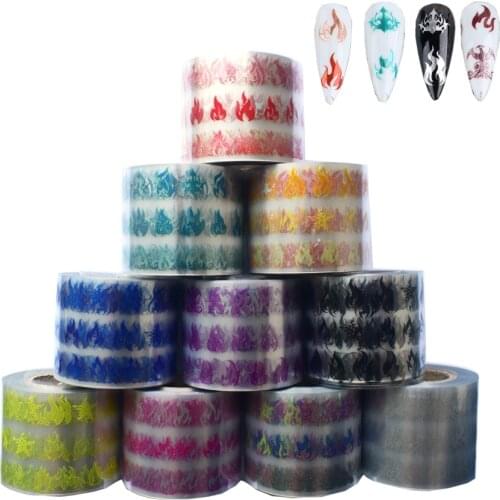 10Roll Clear Base Nail Foil Flame Fire Stickers 50M*4CM Blue Gold Nail Art Transfer Sticker DIY Adhesive Fire Decal Decoration