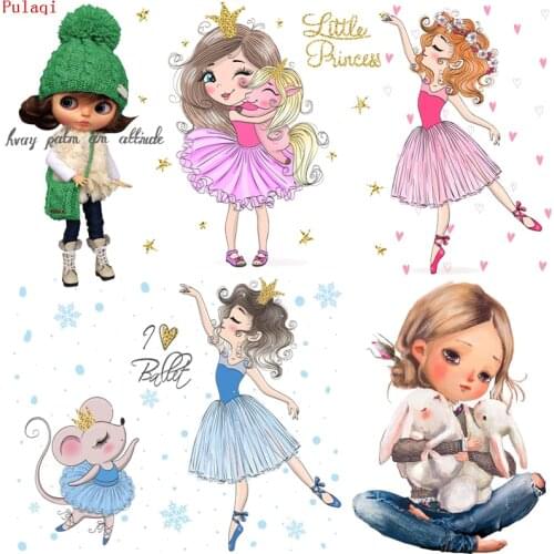 Pulaqi Iron On Transfer Cute Girl Patches For Clothes Stripe Iron Heat Transfer Vinyl Ballet Girl Patch Sticker Thermal Applique