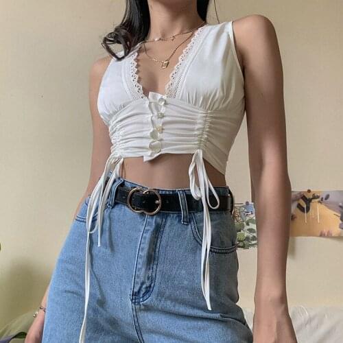 Women Sexy Lace Patchwork Drawstring Lace Up White Tank Tops Deep V Neck Sleeveless Holiday Casual Elegant Crop Tops Camis