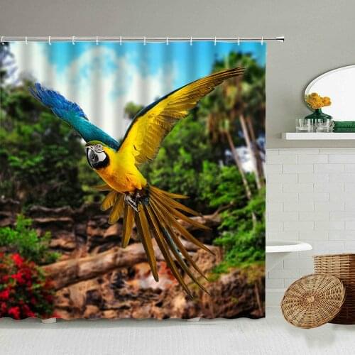 Fun Parrot Bird Animal Shower Curtain Summer Tropical Jungle Waterfall Natural Scenery Bathroom Hanging Waterproof Cloth Screen