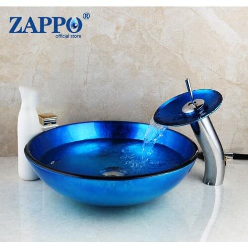 ZAPPO Art Blue Bathroom Vessel Sink Set Vanity Waterfall Faucet Tap Combo Glass Vessel Wash Hair Basin Faucet & Pop Drain