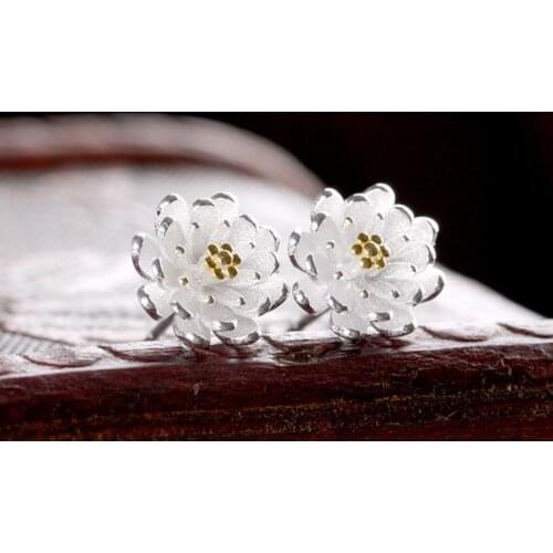 ANENJERY 925 Sterling Silver Lotus Flowere Stud Earrings For Women Simple Earrings Gift S-E152