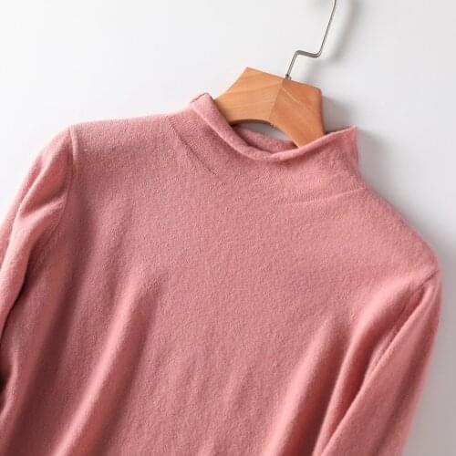 2021 Spring Autumn Curled Half High Neck Cashmere Sweater Women' Long Sleeve Loose Pure Wool Base Pullover Knitted All-Match Top