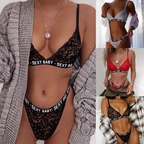 Womens Sexy Lingerie Lace Bra+G-string Thong Set Babydoll Sexy Alphabet Lace Sleepwear Underwear Nightwear