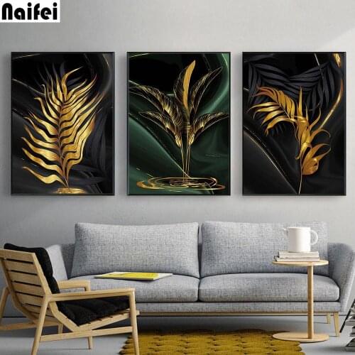 5D DIY Round Diamond Painting Full Square Triptych Diamond Embroidery Mosaic Leaves Abstract Black Decorations Home Art