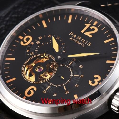 Parnis 44mm 21 Jewel steel / Black Case Skeleton Miyota 821A Automatic Wrist Watch W2496