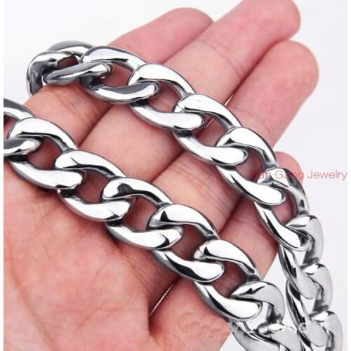 7"-40" Choose High Polished New 15MM Shiny 316L Stainless Steel Silver Color Cuban Link Chain Cowboy Mens Necklace or Bracelet