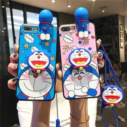 For iPhone 11 Pro Xs Max Xs XR 6 7 8Plus Case Love Doraemon Soft TPU Cover Phone Strap Rope Case