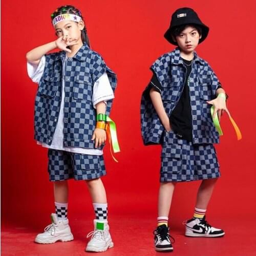 Kids Hip Hop Clothing Checkered Sleeveless Top Jacket Vest Tshirt Streetwear Cargo Shorts for Girl Boy Dance Costume Clothes Set
