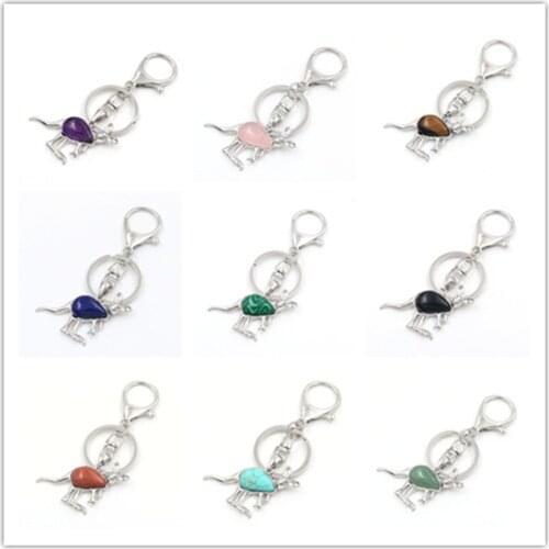 FYJS Unique Silver Plated Circle Lobster Clasp kangaroo Shape Green Turquoises Stone Key Chain Lapis Lazuli Jewelry