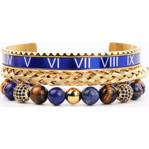JARAVVI Hot Sell High Quality Stainless Steel Blue Roman Tiger Eye Stone CZ Ball Adjustable Bracele Bangle Set Men Jewelry Gift