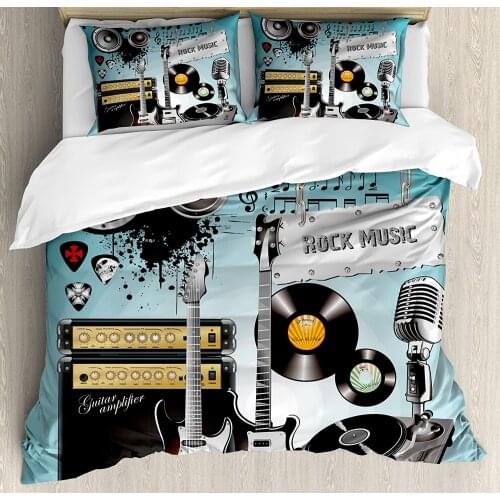 Rock Music Duvet Cover Set Concert Pattern Guitars and Records with Giant Speakers Ornamental Arrangement 3 Piece Bedding Set