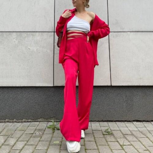 Holiwind 2021 Spring Suits High Waisted Pants Oversize Suits Solid Color WIde Leg Pants Draped Shirt