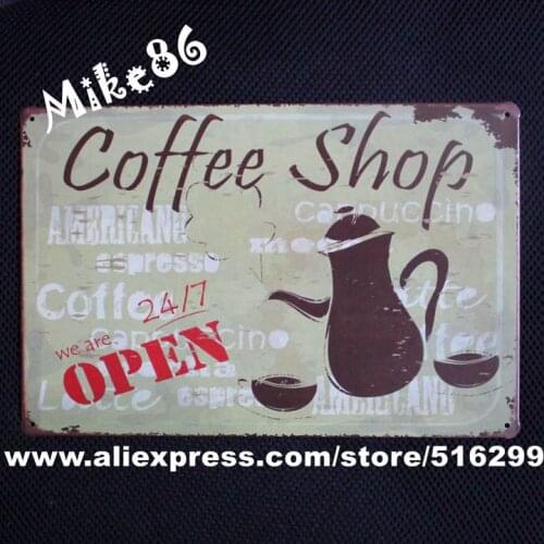 [ Mike86 ] Coffee Shop 24/7 Open Vintage Metal Craft Retro Home Cafe Decor Wall art Painting 20*30 CM Mix Items B-277