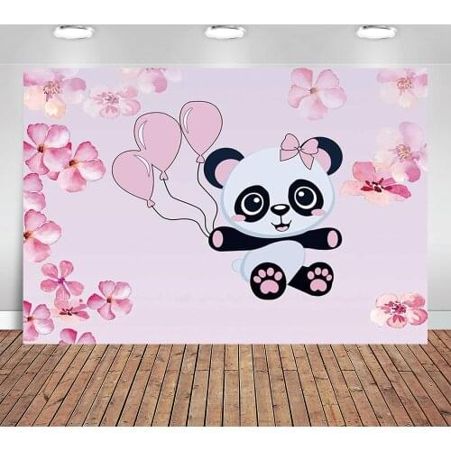 Cute Panda with Pink Bow Backdrop Spring Pink Flowers Pink Balloons Cartoon Panda Birthday Party Supplies for Little Girls Peops