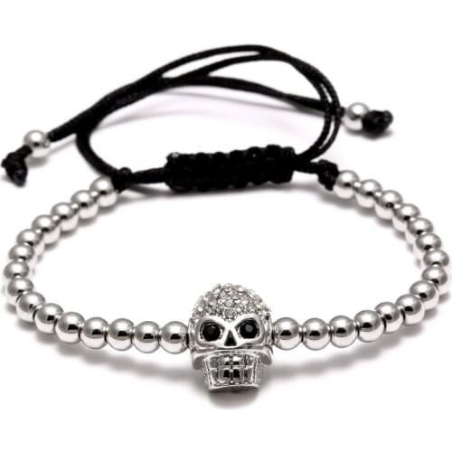Fashion Personality Zircon Skull 4mm Copper Beads Woven Bracelets Hiphop Rock Jewelry