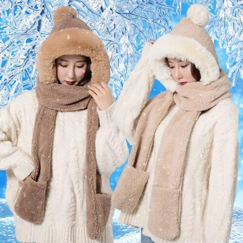 Fashion Winter Women Novelty Beanies Caps Warm Cute Bear Ear Hat Casual Plush Hat Scarf Set Casual Solid Women Caps Present