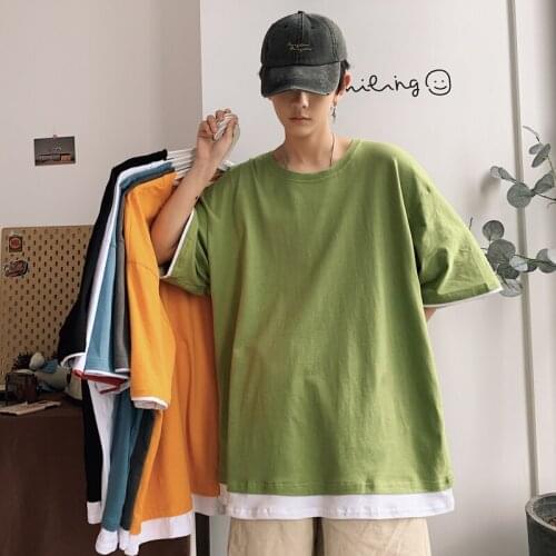 Korean Fashions Black Tshirts Men Graphic Fake Two Pieces t Shirt 2021 Synner Mens Streetwear Harajuku Tshirt Male