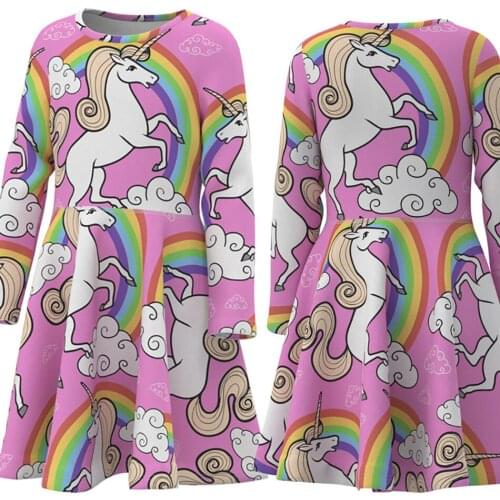Girls Dress Polyester Costumes Casual Children Spring Long Sleeve Unicorn Cartoon Print Kids Dress Up New Style Clothing