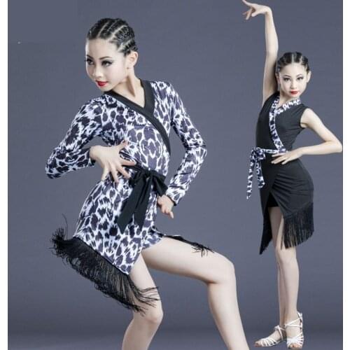 2021Childrens Leopard Latin Dance Dress Fringed Skirt New Practice Clothes Performance Clothing Latin Dress Competition Costume