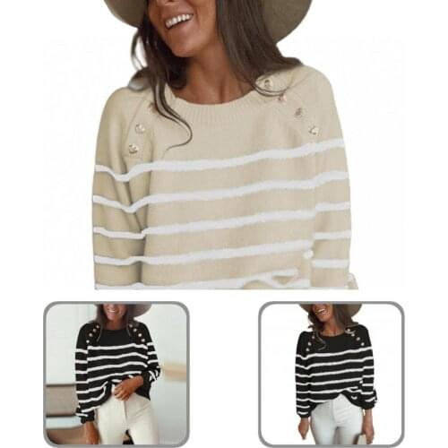 Buttons Women Horizontal Stripes Knitted Top Pullover for Gathering