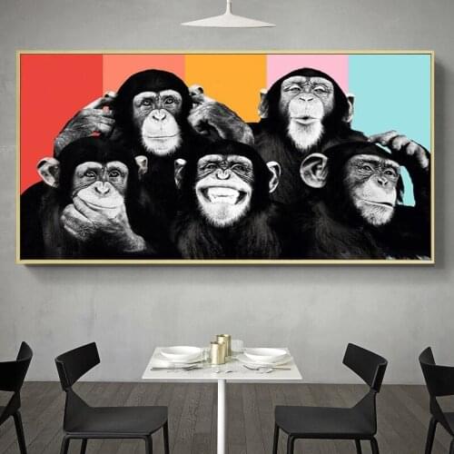 Five Funny Monkeys Modern Animals Graffiti Oil Painting on Canvas Posters and Prints Wall Art Picture for Living Room Cuadros