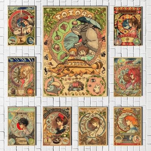Retro Kraft Paper Cartoon Anime Hayao Miyazaki Totoro Spirited Away Totoro Poster Cafe Kid Home Decor Wall Decor