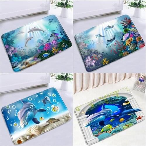 3D Blue Deep Sea Dolphin Bath Mats Cartoon Ocean Animals Seabed Scenery Children Room Door Mat Floor Pad Bathroom Rug Decoration