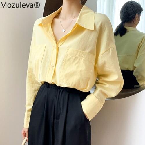 Mozuleva Basic White Shirts for Women Spring Summer Turn-down Collar Double Pockets Office Ladies Blouse Female Tops Blusas 2020