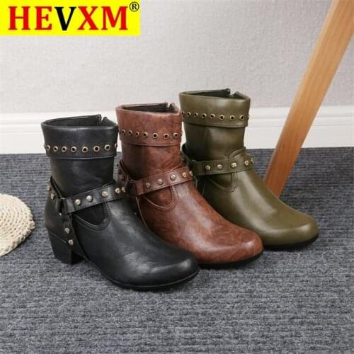 Women Ankle Boots Ladies Zipper Pu Leather High Heels Shoes Buckle Strap Rivet Woman Fashion Party Winter Boots Female 2020