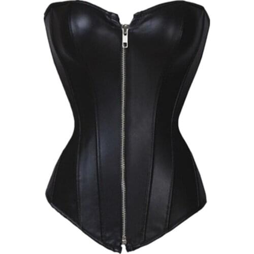 Women Black Faux Leather Sexy Steampunk Zipper Overbust Corset Plus Size S-6XL