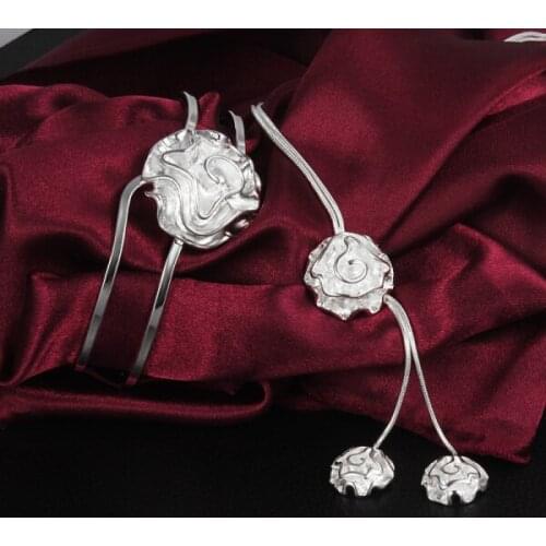 Hot elegant Women 925 sterling Silver romantic rose flower necklaces bangles high quality Jewelry set fashion Party wedding gift