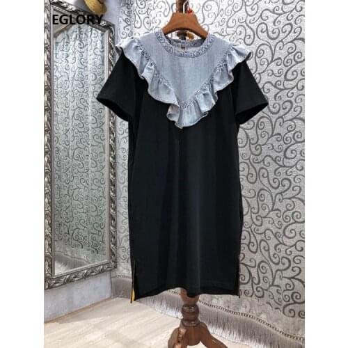 High Quality Womens Dress 2021 Summer Ladies O-Neck Denim Patchwork Short Sleeve Casual Long Black T-Shirt Dress Loose Fit