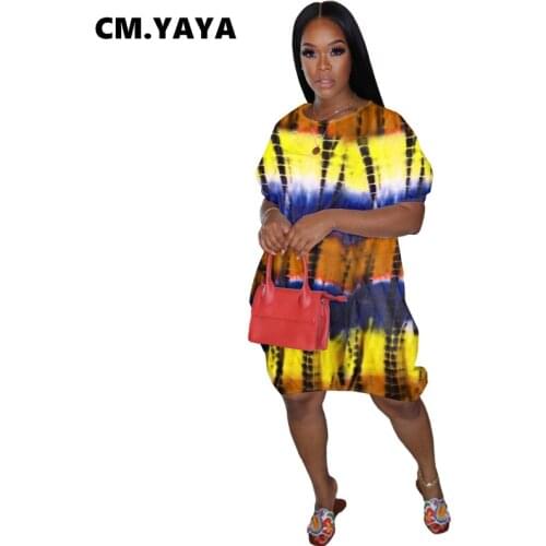 CM.YAYA Women Midi Dress Tie Dye Print Short Sleeve Loose Straight Dresses with Pockets Casual Fashion Outfit Summer New Fashion