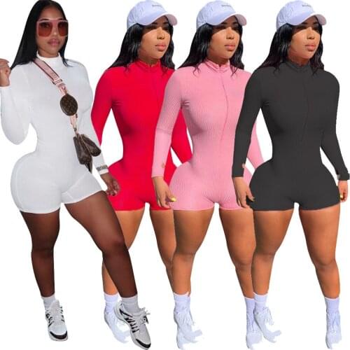 2021 Active Wear Women Knitted Zipper Up Moto Biker Bodysuit Long Sleeve Shorts Jumpsuits Rompers Playsuits Fitness One Piece