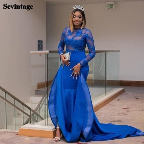 Sevintage Mermaid Long Sleeves Satin Evening Dress O-Neck Appliques Lace Sweep Train Prom Gowns Princess Women Party Dresses