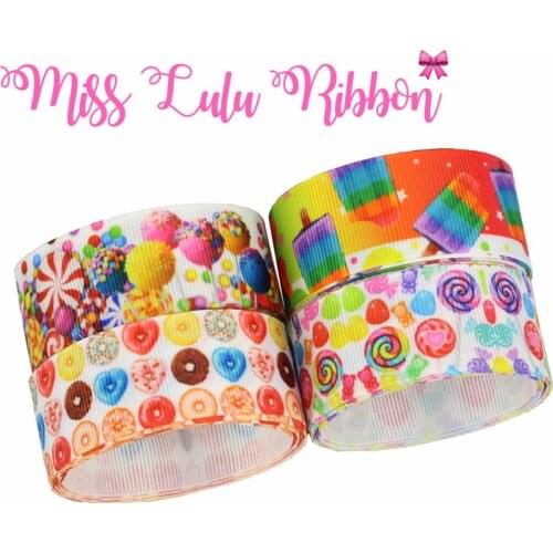 16mm-75mm Sweet Doughnut Lollipop Ice Cream Printed Grosgrain/Foe Ribbon Hair Band Making 50yards/roll DIY Party Gift