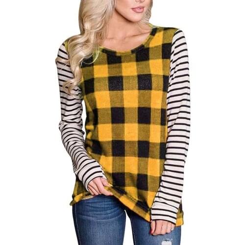 2021 Plaid Print Long Sleeve Fashion O-neck Top Women T Shirt Spring Casual Plus Size Loose Street Wear Tee Shirt