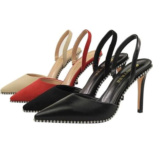 Euro-American sexy womens sandals with pointed toes with high heels and suede with shallow hollowed-out back tripping strap